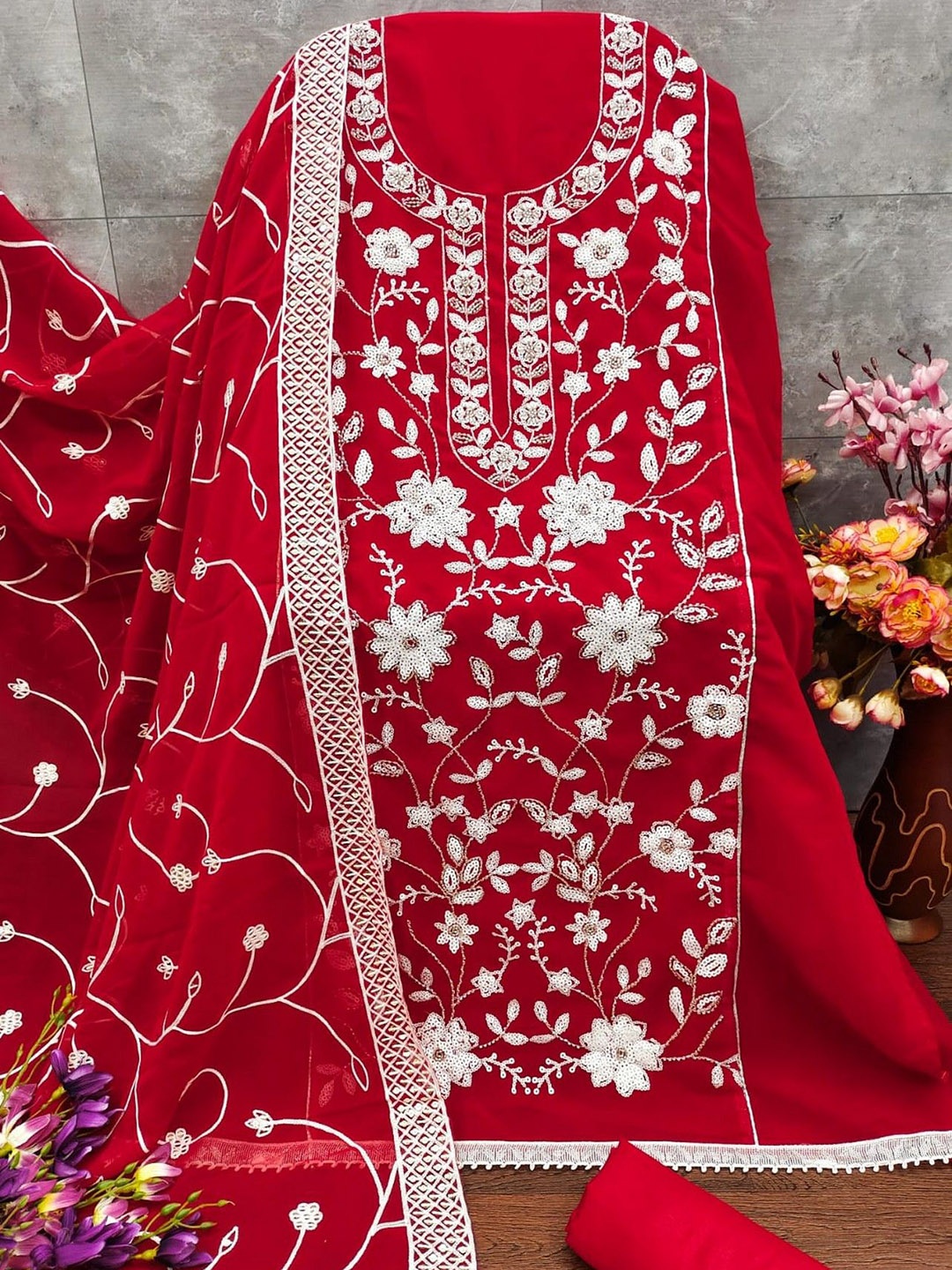 

ZEEPKART Silk Georgette Unstitched Dress Material, Red