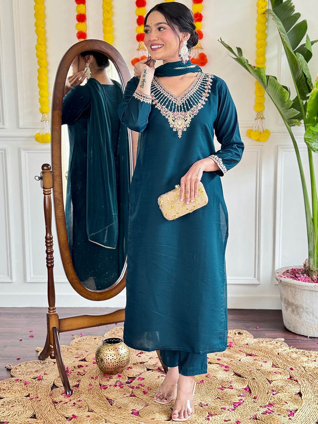 

KALINI Women Embroidered Regular Kurta with Trousers & With Dupatta, Teal