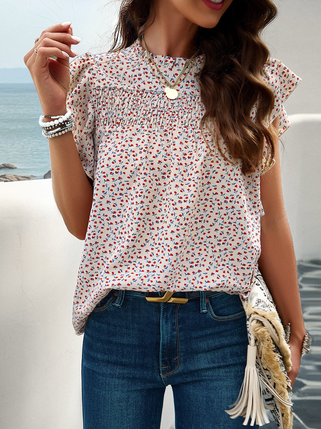 

Mast & Harbour Floral Printed Flutter Sleeve Top, Beige