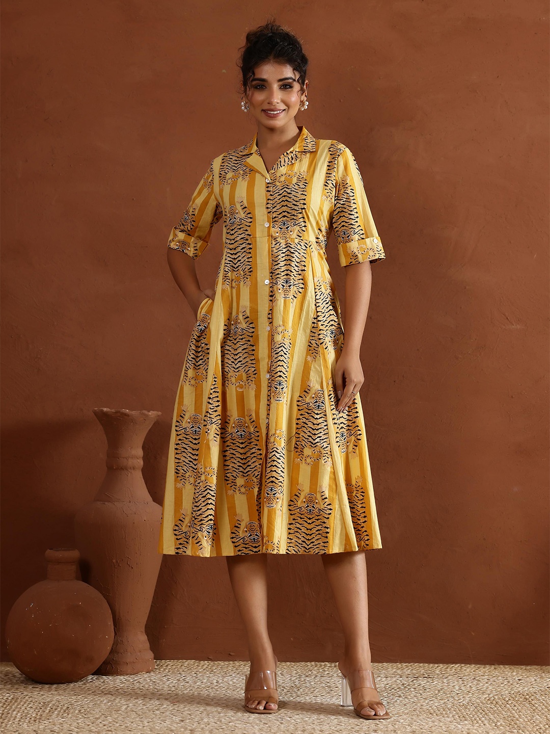

FLAVIA CREATION Women Ethnic Motifs Printed A-Line Midi Dress, Yellow