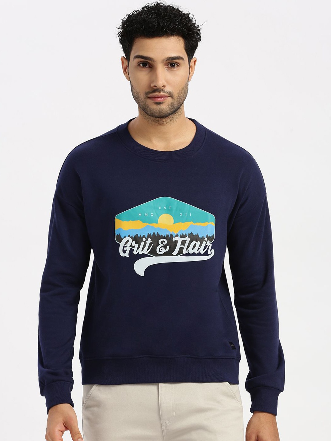 

Grit and Flair Men Graphic Printed Cotton Sweatshirt, Navy blue