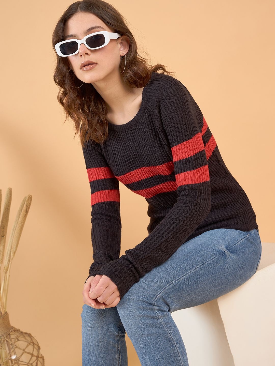 

STYLE BLUSH Women Striped Round Neck Pullover Sweater, Black