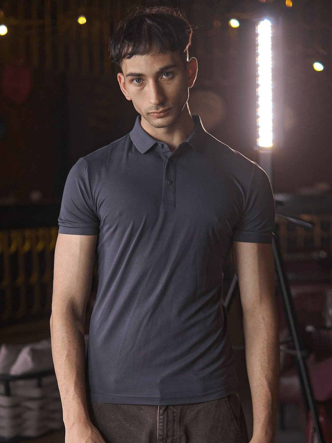 

ODETTE Men Polo Collar Applique T-shirt, Grey