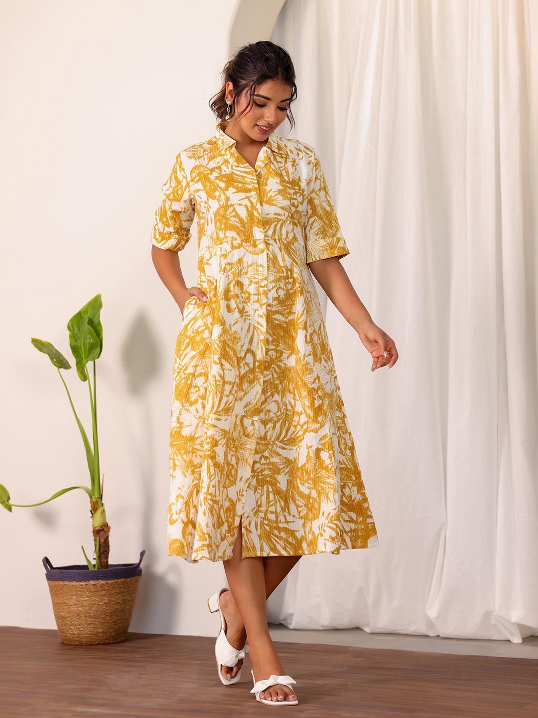 

FLAVIA CREATION Women Floral Printed A-Line Midi Dress, Yellow