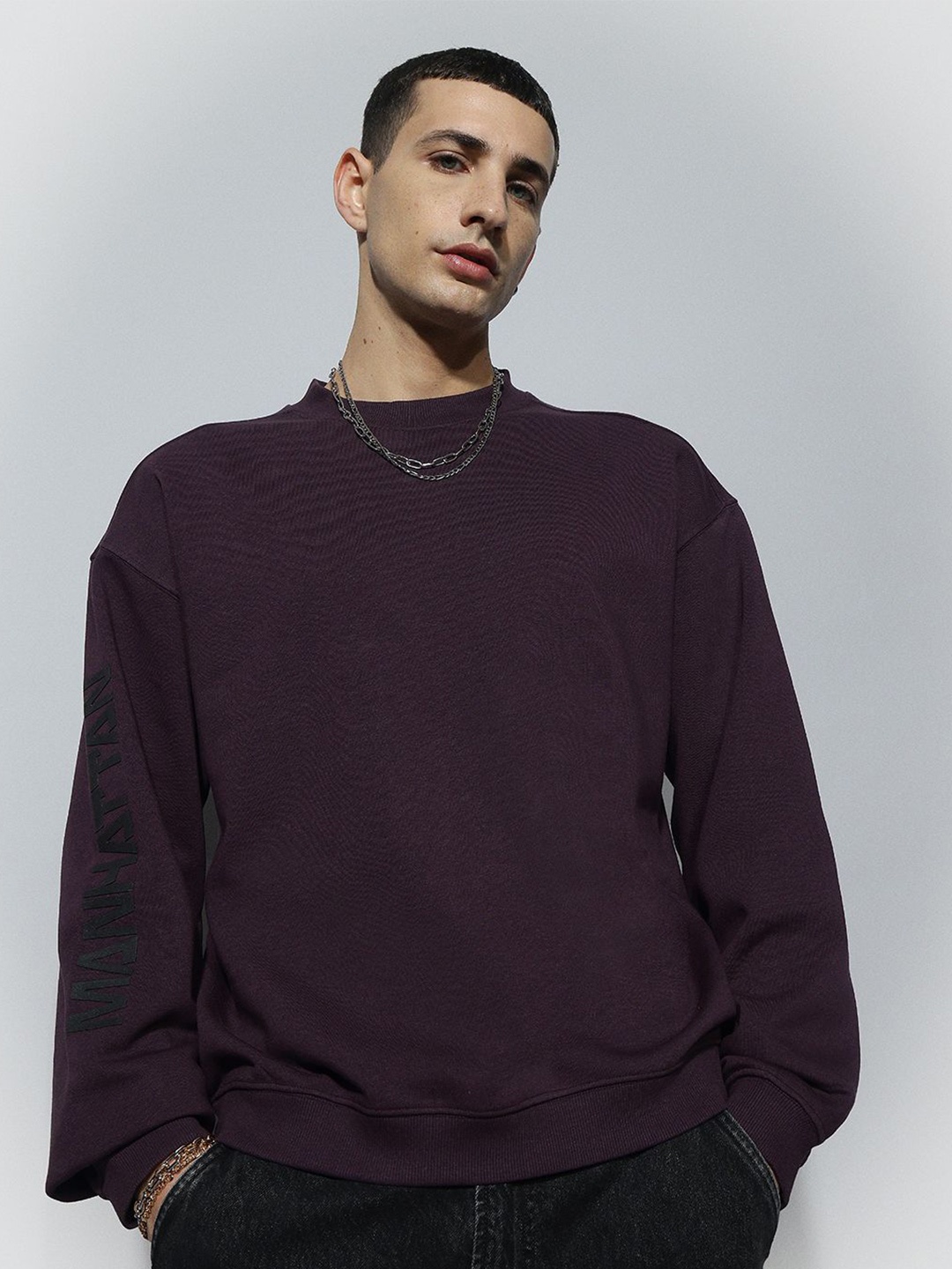 

H&M Men Printed Cotton Relaxed Fit Sweatshirt, Purple