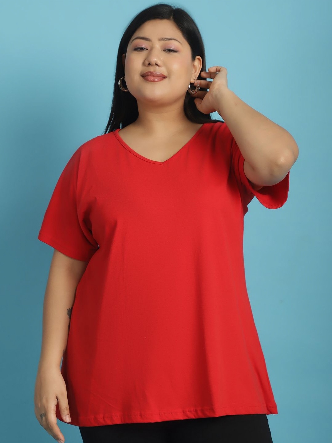 

theRebelinme Women V-Neck Kimono Sleeves T-shirt, Red