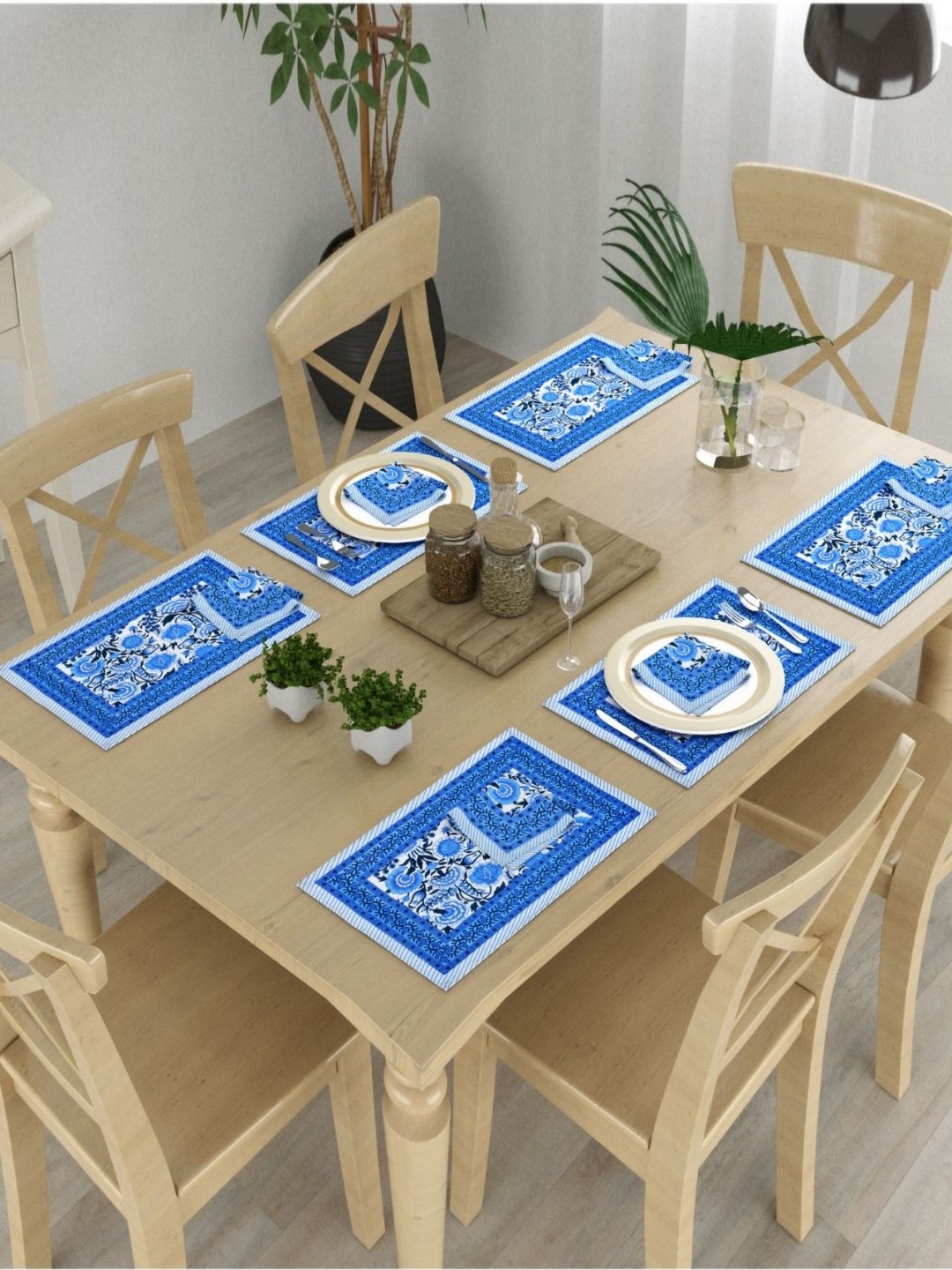 

The Craft Monk 12Pcs Blue & White Floral Printed Cotton Table Placemats & Napkins
