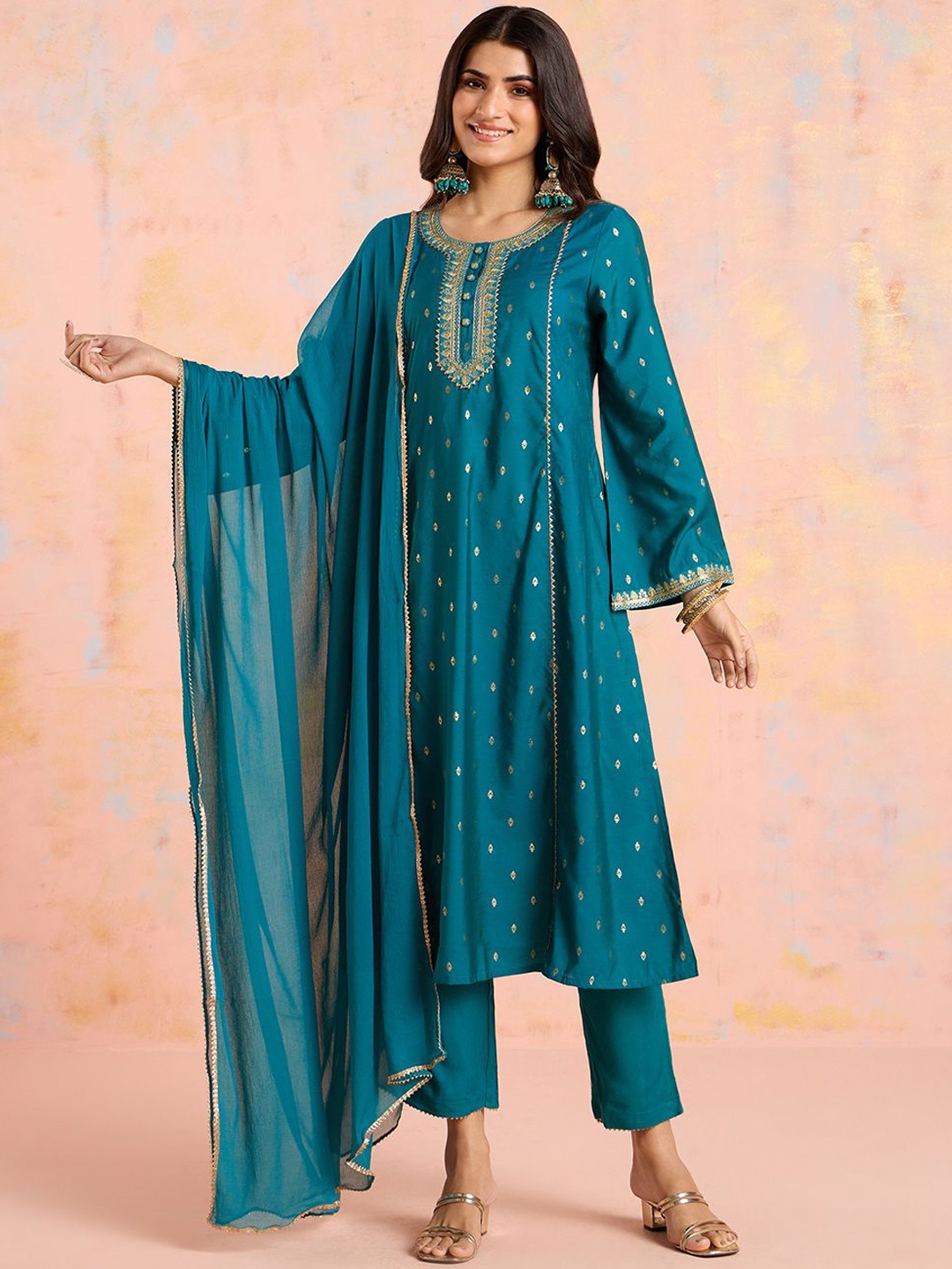 

Likha Women Regular Chanderi Silk Kurta with Pyjamas & With Dupatta, Teal