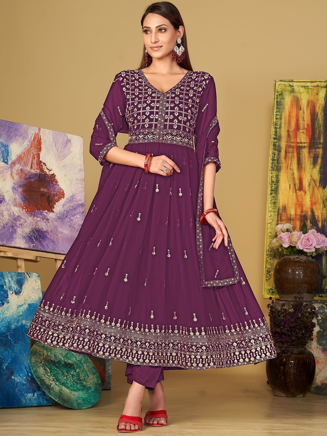 

Warthy Ent Embroidered Semi-Stitched Dress Material, Purple