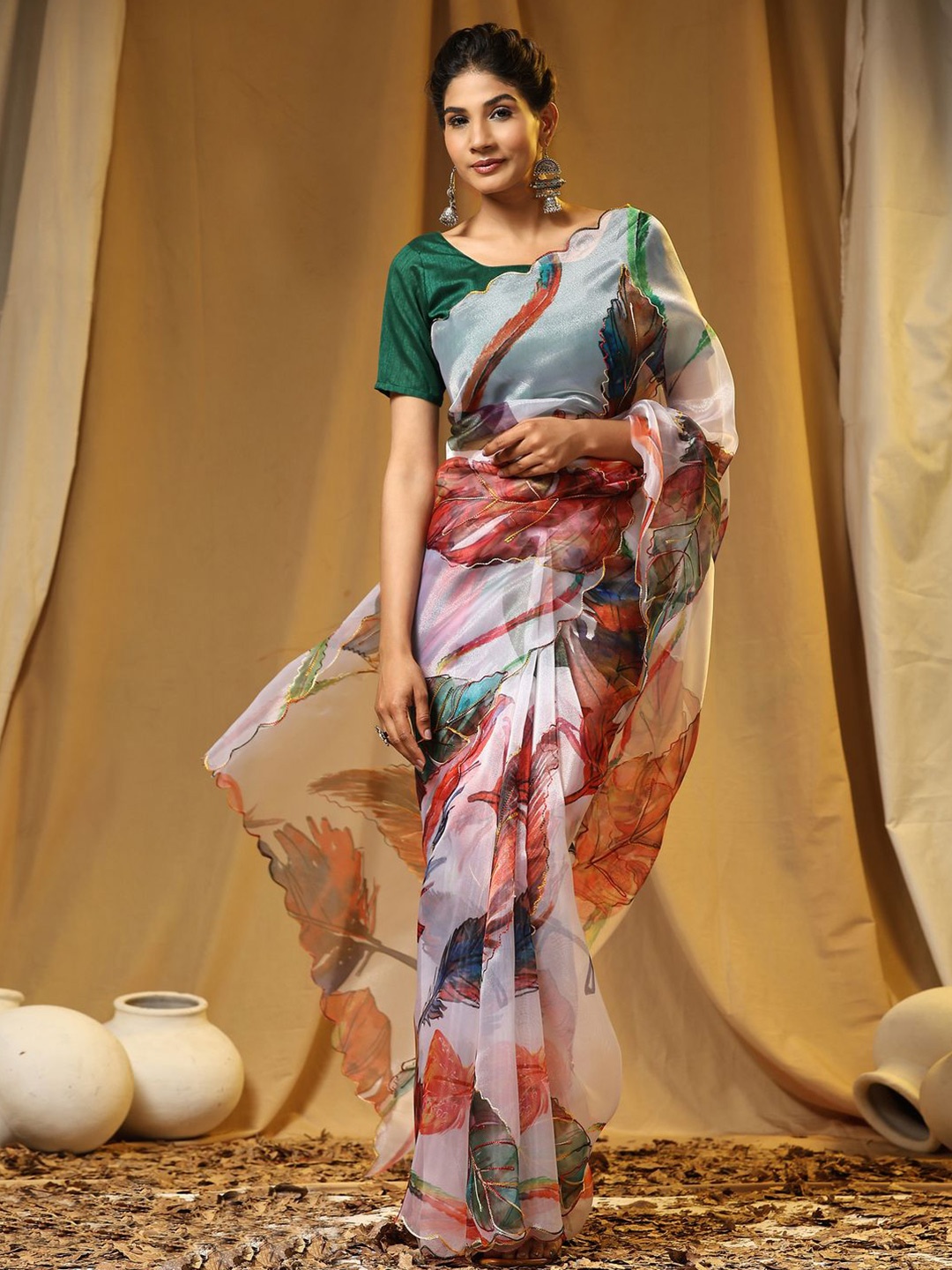 

Anouk Floral Printed Embroidered Organza Saree, Grey melange