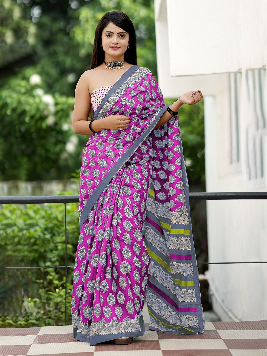 

HERE&NOW Printed Pure Cotton Bhagalpuri Saree, Pink