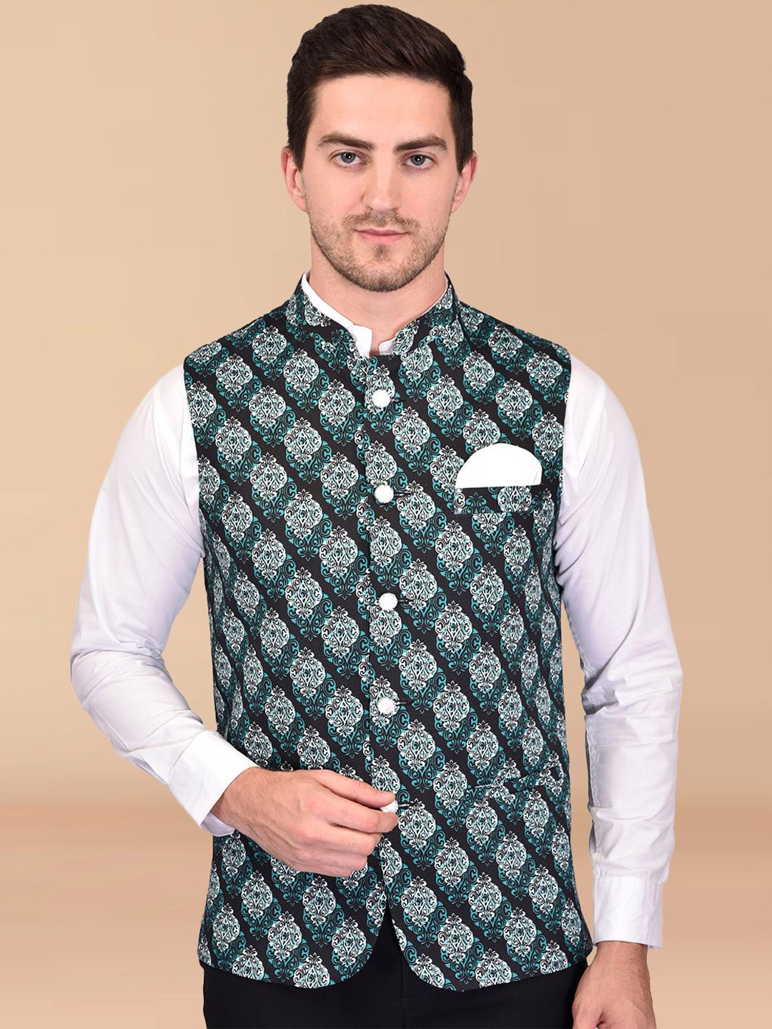 

BOWLIFESTYLE Printed Mandarin Collar Nehru Jacket, Black