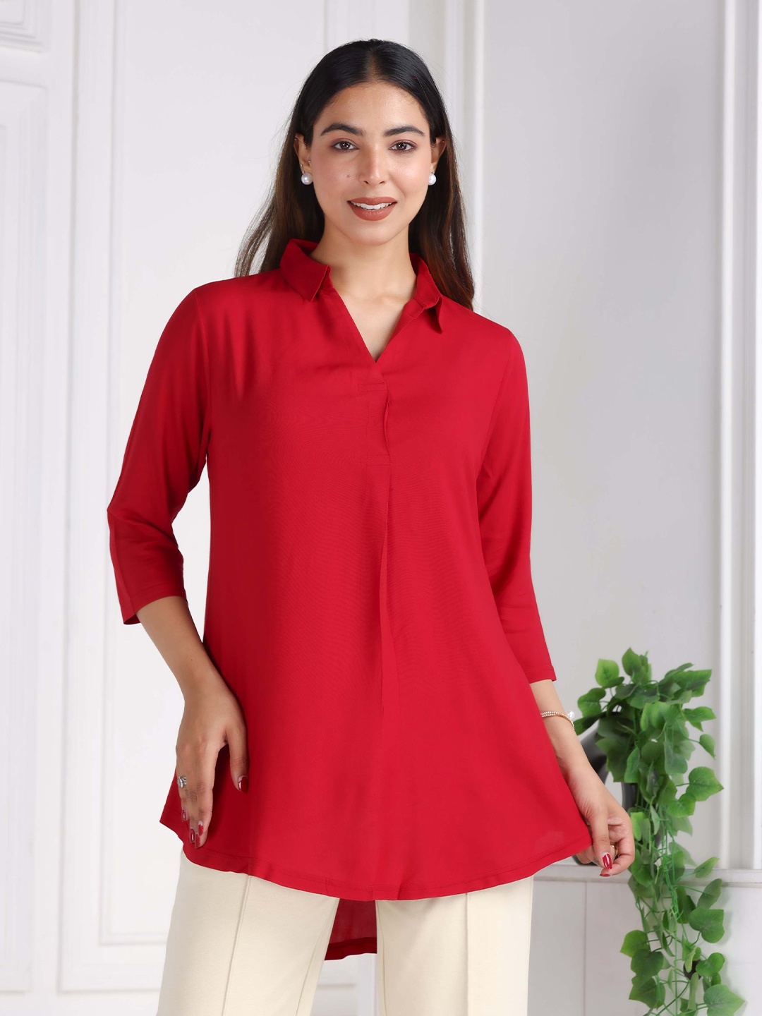 

Mlada Women Shirt Style Flare Longline Tops, Red