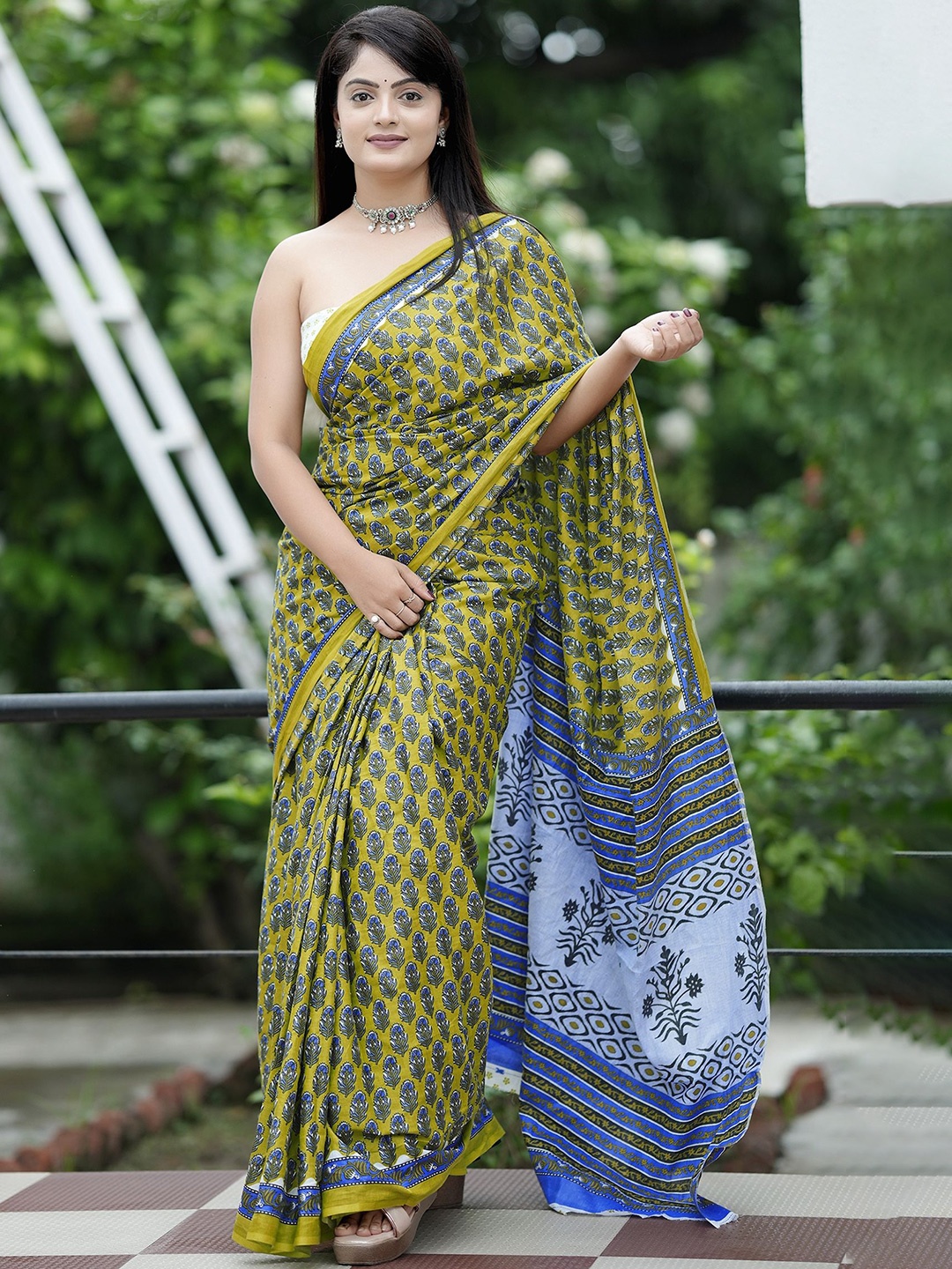 

HERE&NOW Ethnic Motifs Printed Pure Cotton Bhagalpuri Saree, Yellow