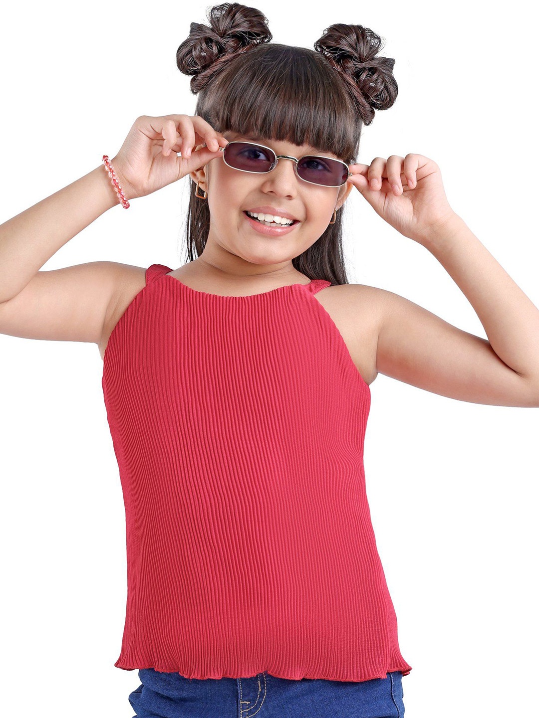 

ARIAS By LARA DUTTA Girls Pleated Shoulder Straps Top, Red