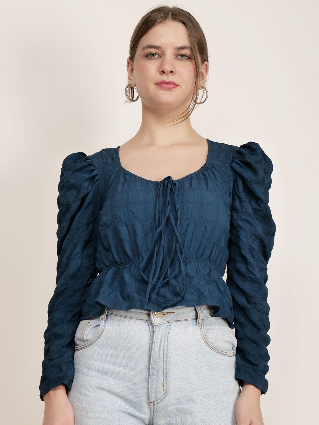 

AUDRAPE Women Tie-Up Neck Puff Sleeves Blouson Top, Blue