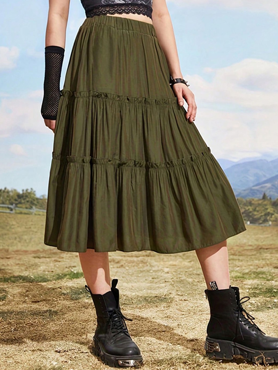 

StyleCast Tiered Midi Skirt, Olive