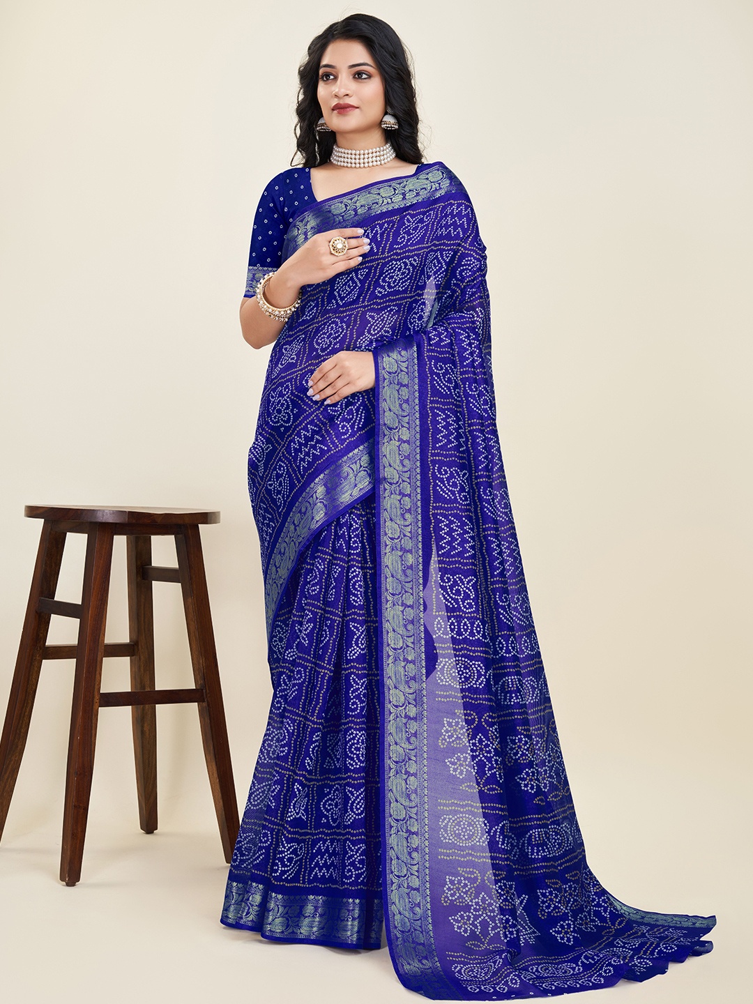 

SANJANA SILK Bandhani Woven Design Zari Chanderi Saree, Blue