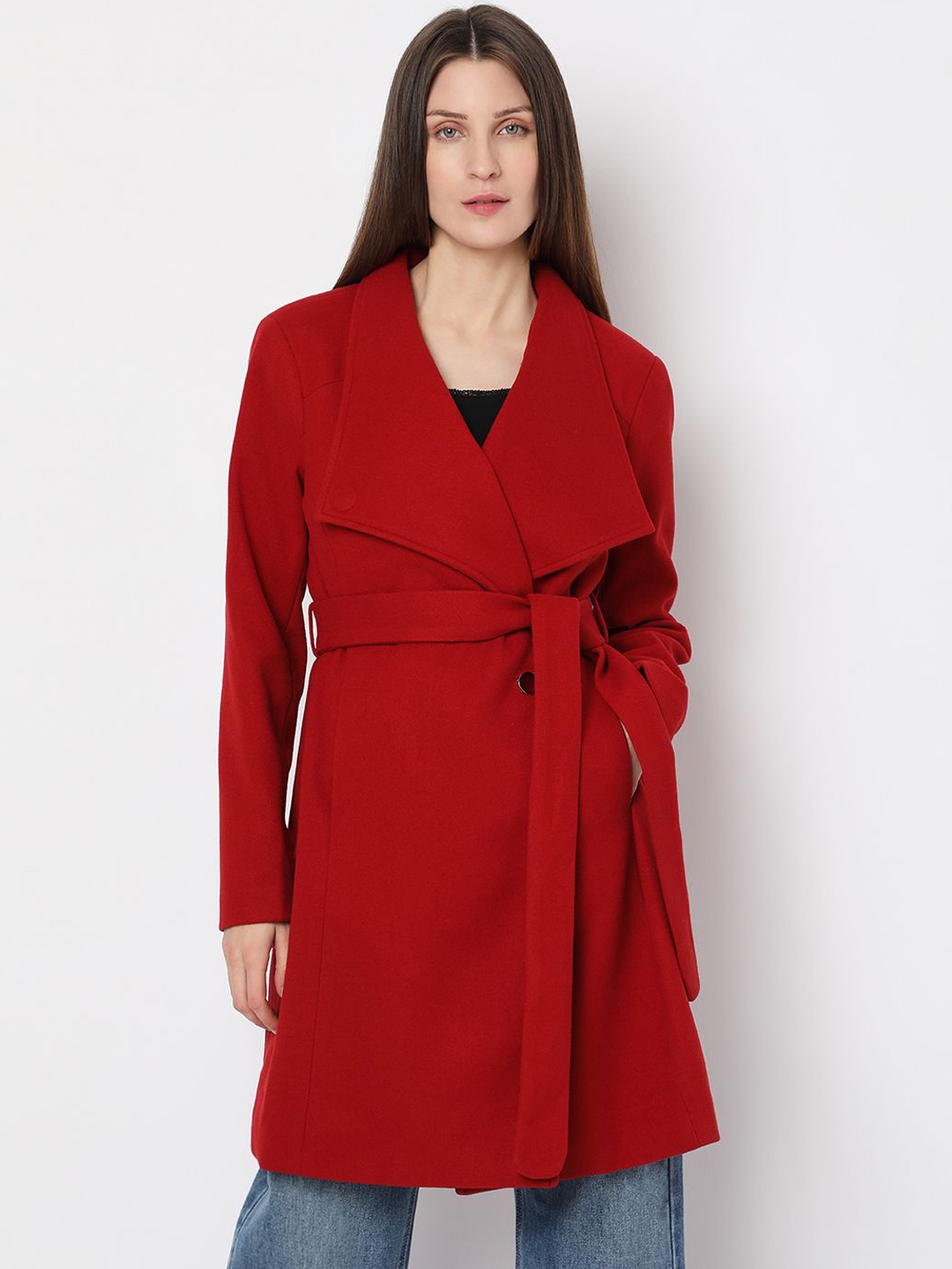 

Vero Moda Women Notched Lapel Single-Breasted Overcoat, Red