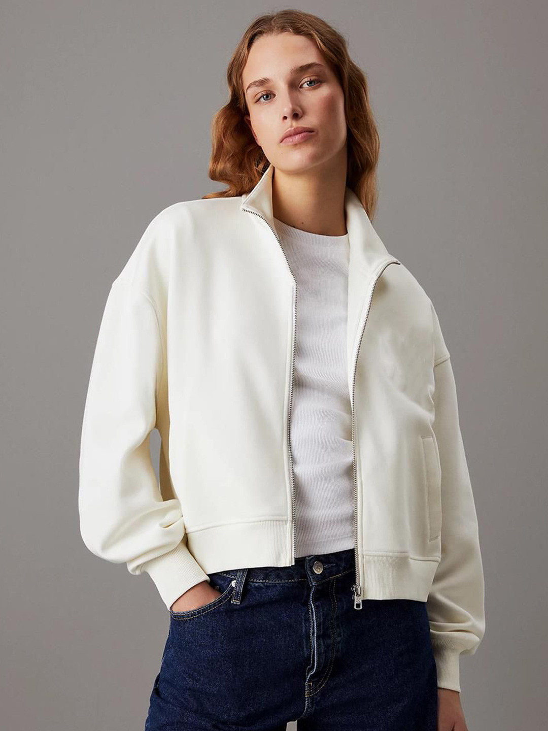 

Kotty Women High Neck Front-Open Sweatshirt, White