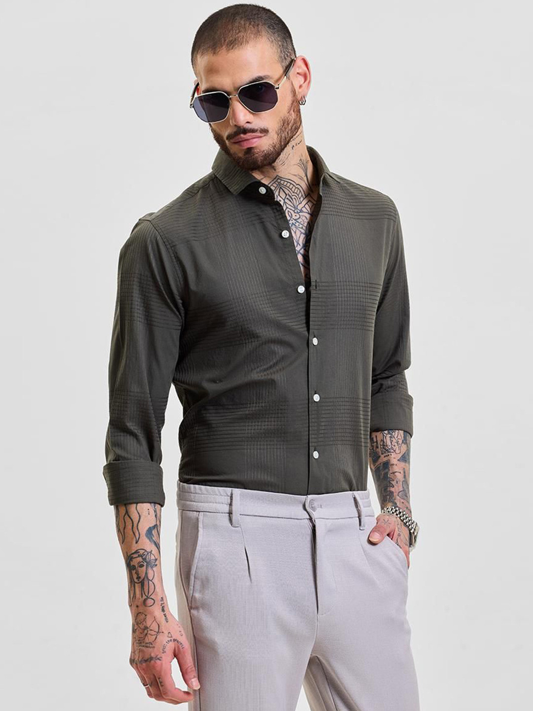 

Snitch Men Smart Slim Fit Opaque Formal Shirt, Olive