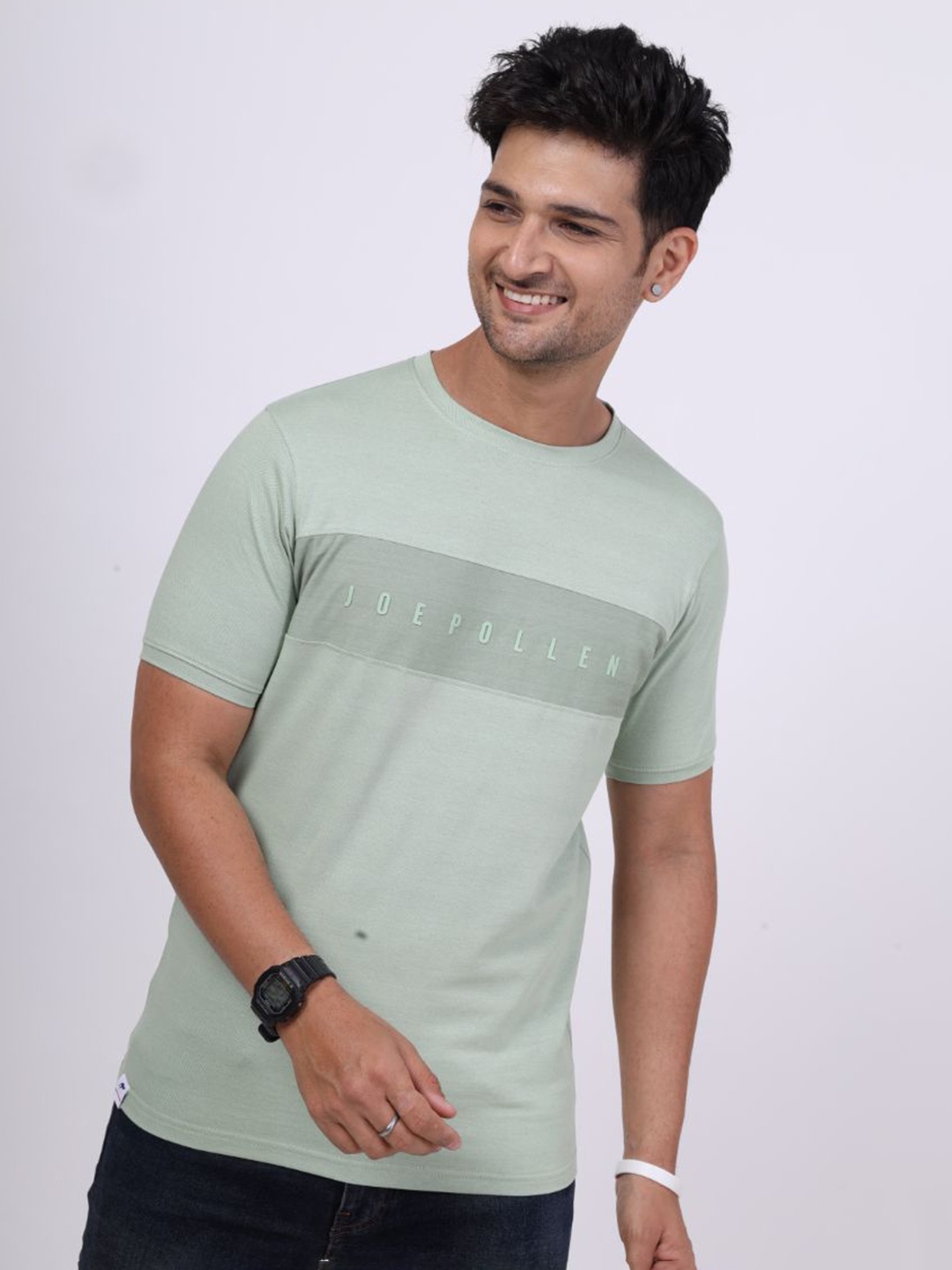 

JOE POLLEN Men Printed Raw Edge Slim Fit T-shirt, Green