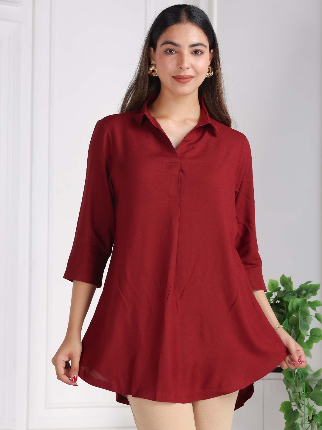 

Mlada Women Shirt Style Rayon Flare Tops MLRS004-Wine, Maroon