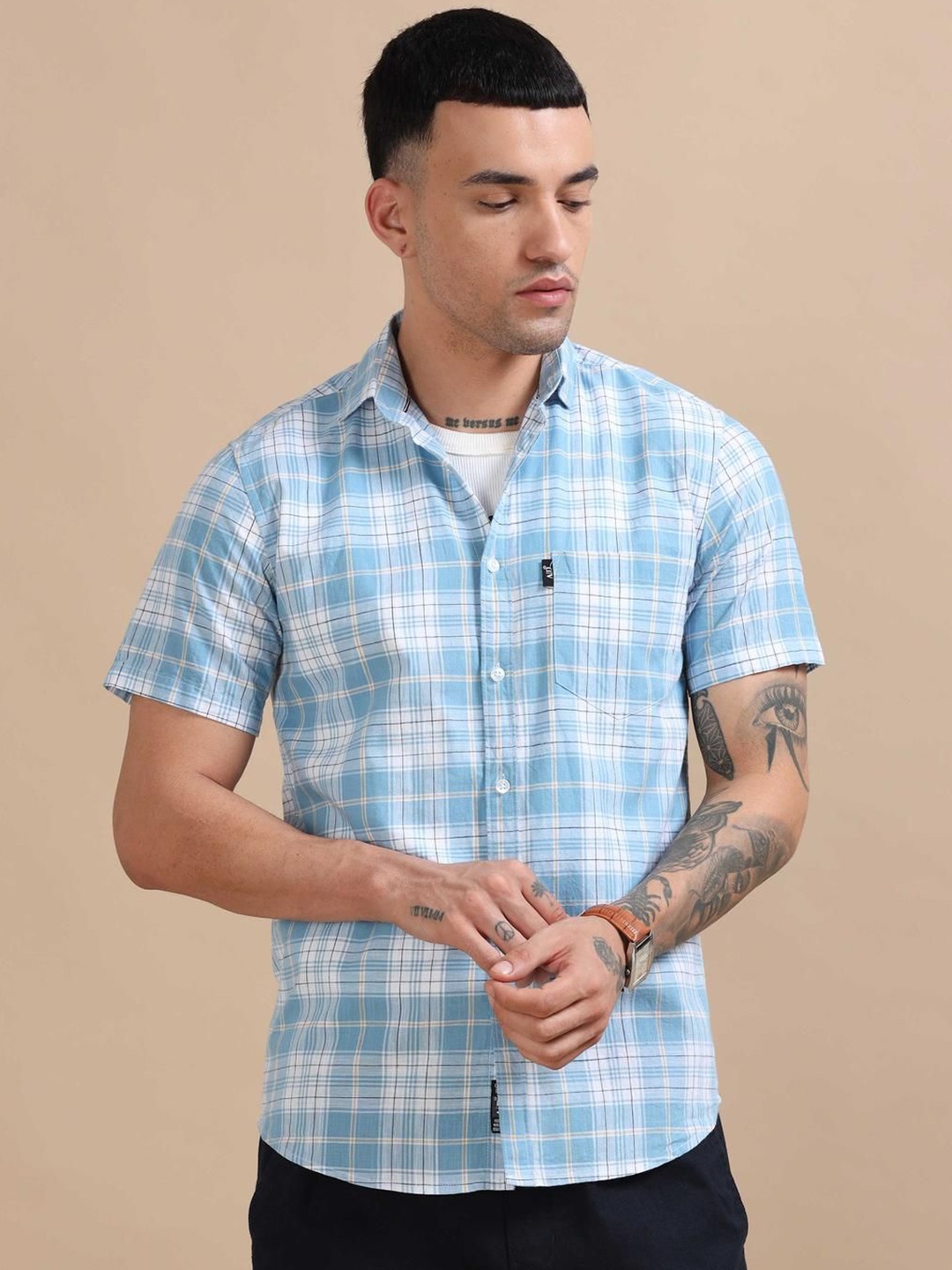 

HOUSE OF MAHNOTS Men Classic Opaque Checked Casual Shirt, Blue