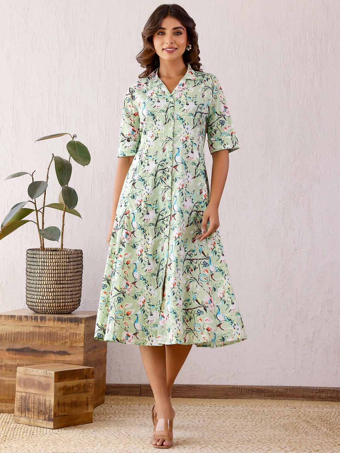

FLAVIA CREATION Cotton Ethnic Motifs Printed Roll-Up Sleeves Shirt Midi Dress, Green