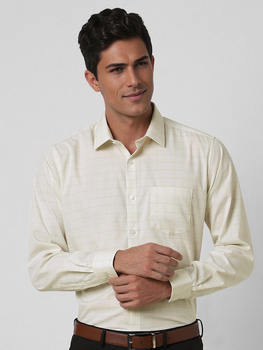 

Van Heusen Men Opaque Checked Formal Shirt, Cream