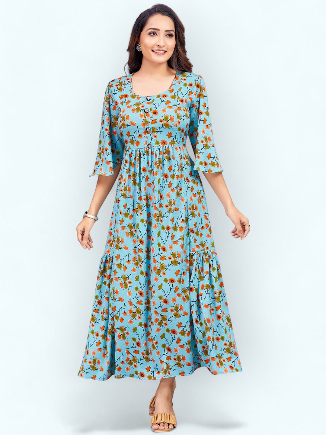 

PAMPER YOURSELF Floral Print Georgette Fit & Flare Maxi Dress, Blue