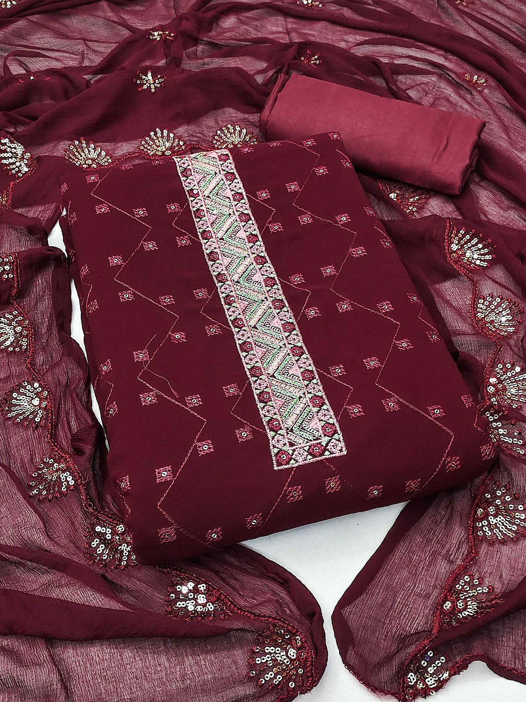 

KALINI Embroidered Silk Georgette Unstitched Dress Material, Maroon