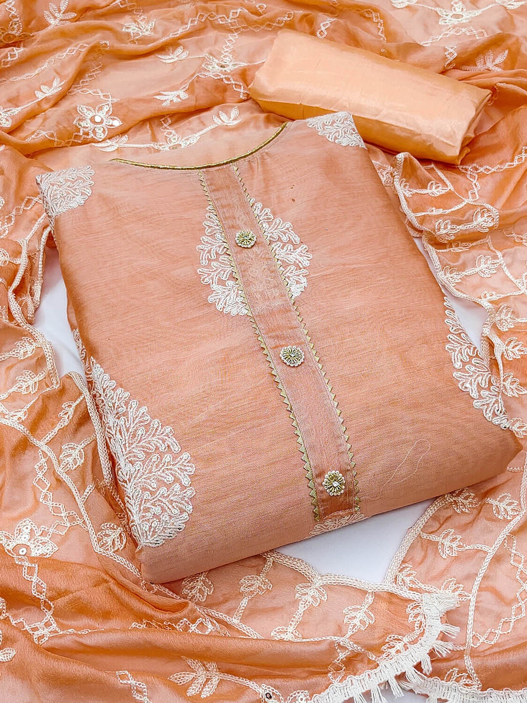 

Maroosh Embellished Unstitched Dress Material, Peach