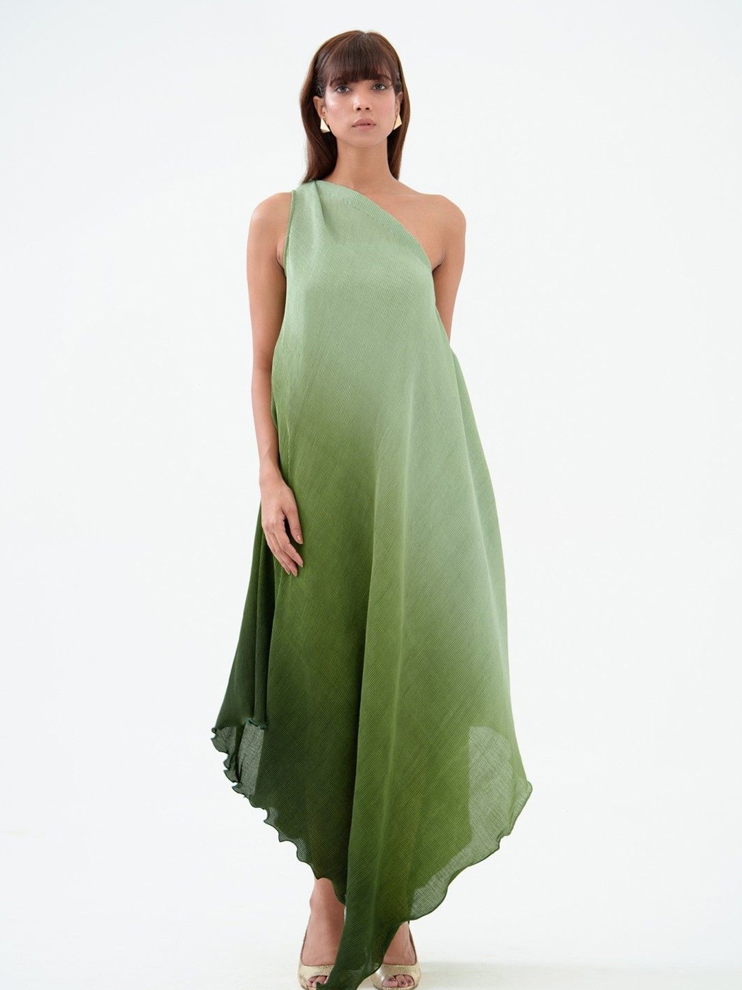 

KINA Tie and Dye One Shoulder Crepe A-Line Maxi Dress, Green