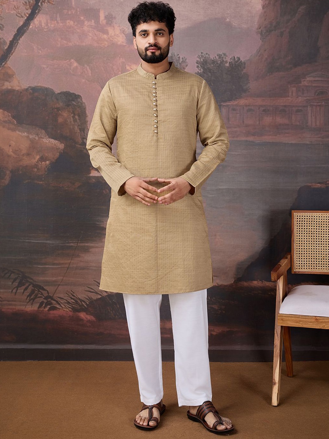 

House of Pataudi Ethnic Motifs Mandarin Collar Straight Kurta, Beige