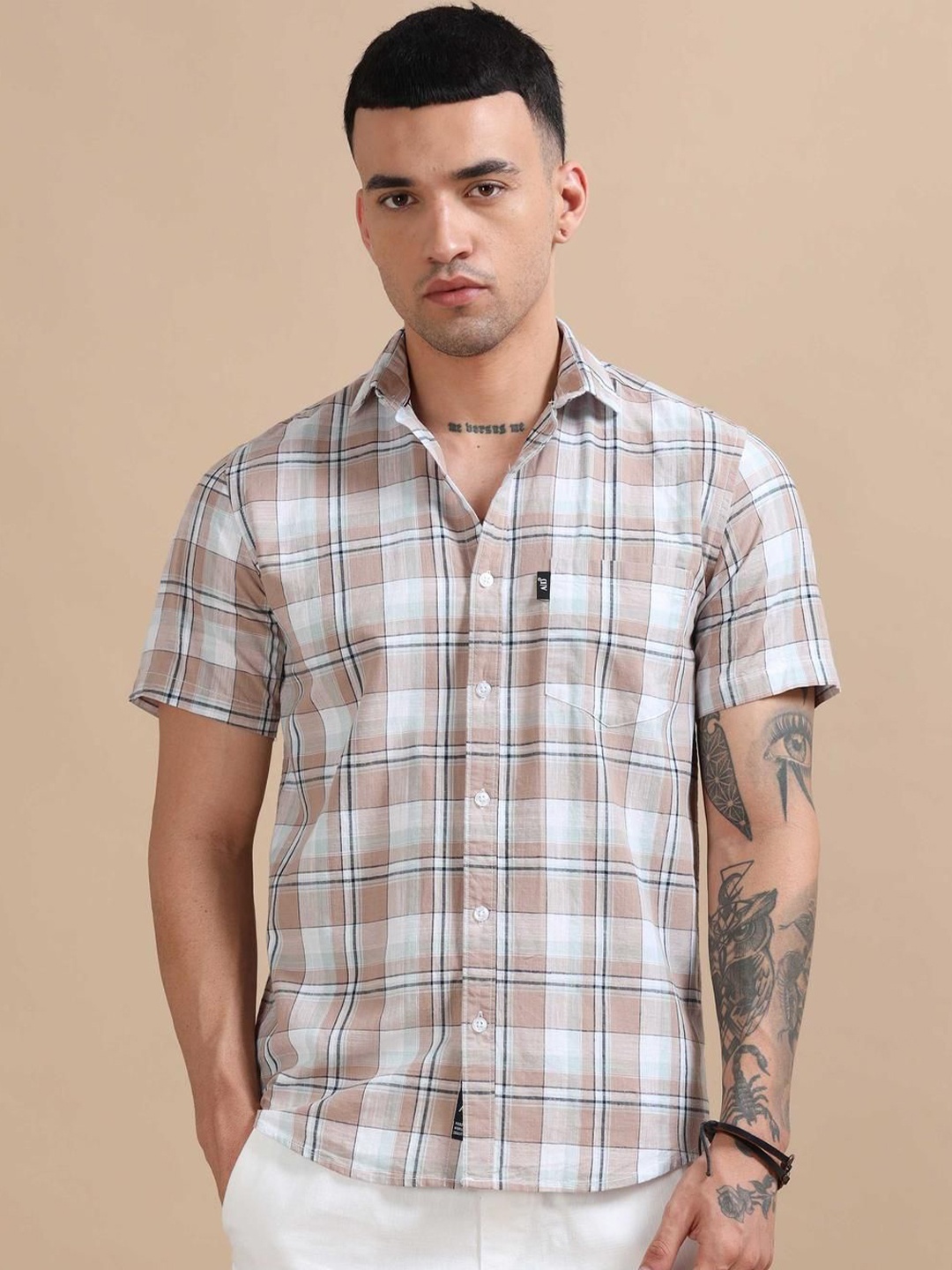 

HOUSE OF MAHNOTS Men Classic Opaque Checked Casual Shirt, Beige