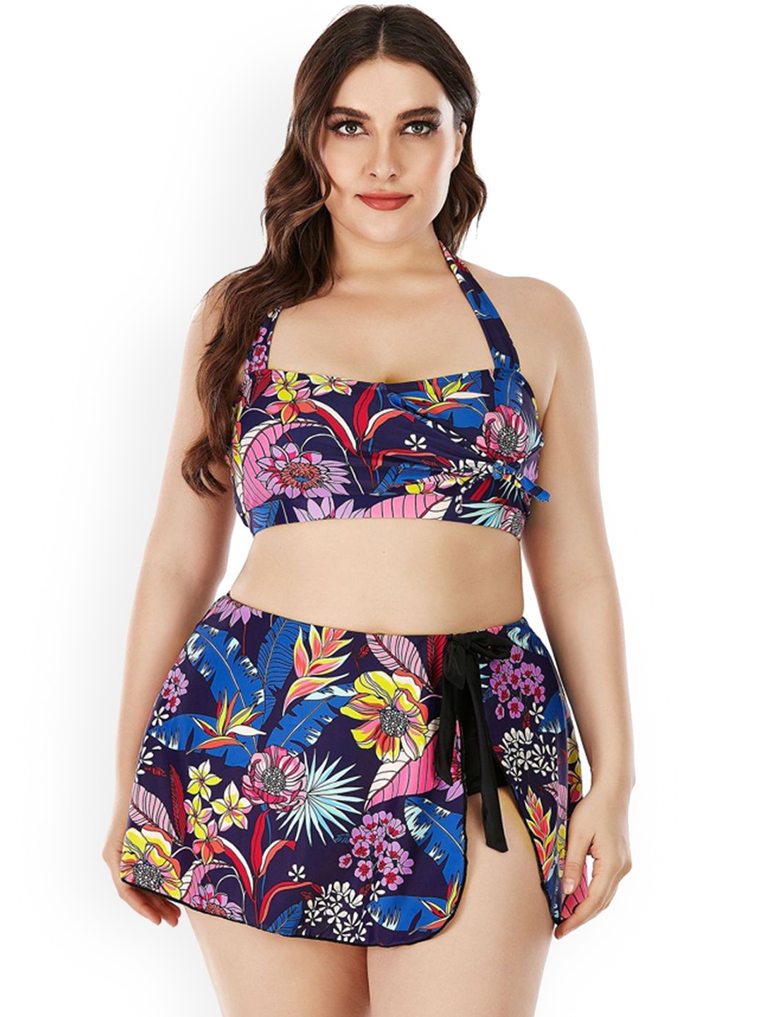 

Plus Curvves Printed Halter Neck Swim Plus Size Bikini Set, Blue