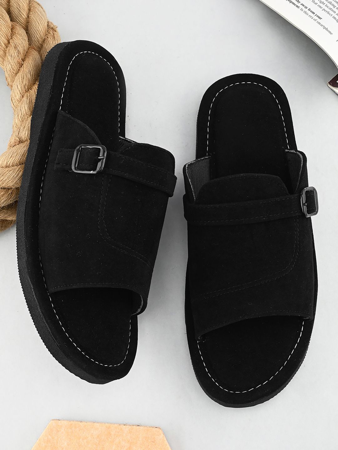 

Apratim Men Textured Open Toe Flats with Buckles, Black