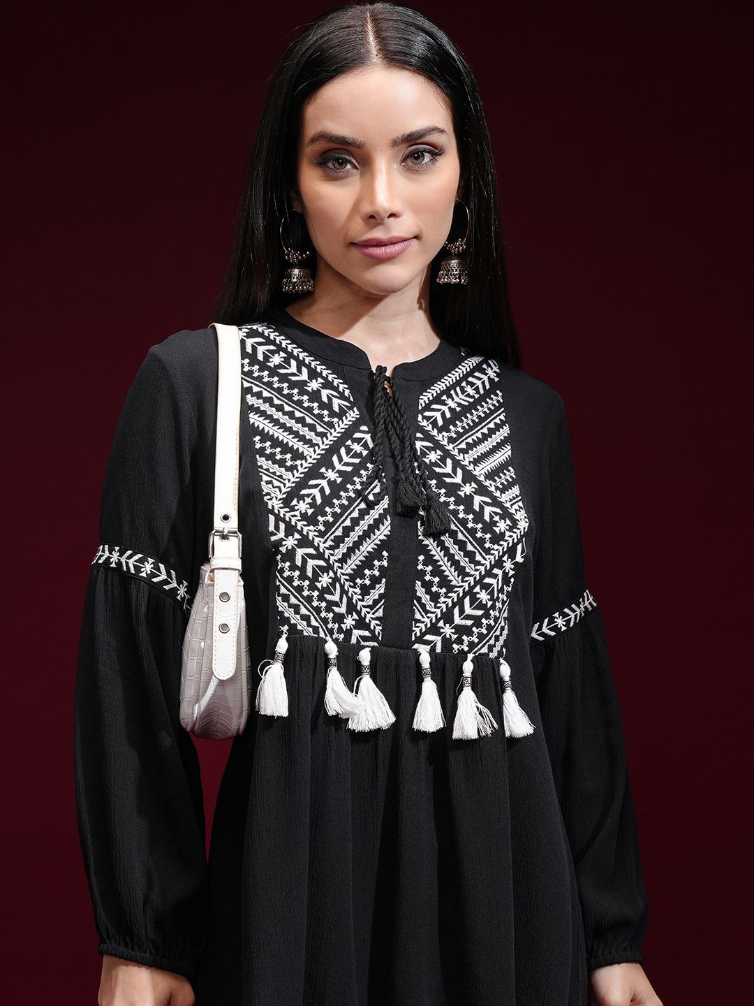 

Vishudh Women Embroidered Gathered Detailed A-Line Top, Black