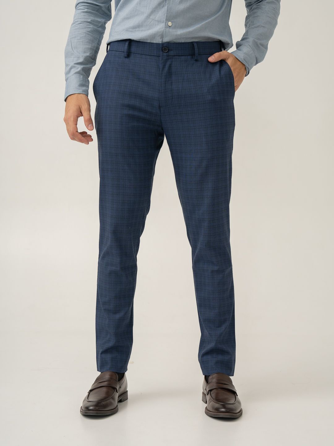 

The Pant Project Men Slim Fit Checked Mid-Rise Wrinkle Free Formal Trousers, Blue