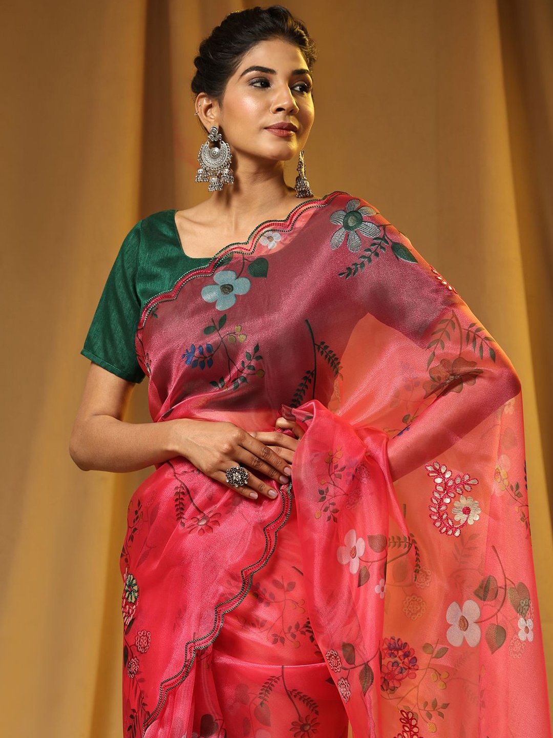 

Anouk Floral Printed Embroidered Organza Saree, Pink