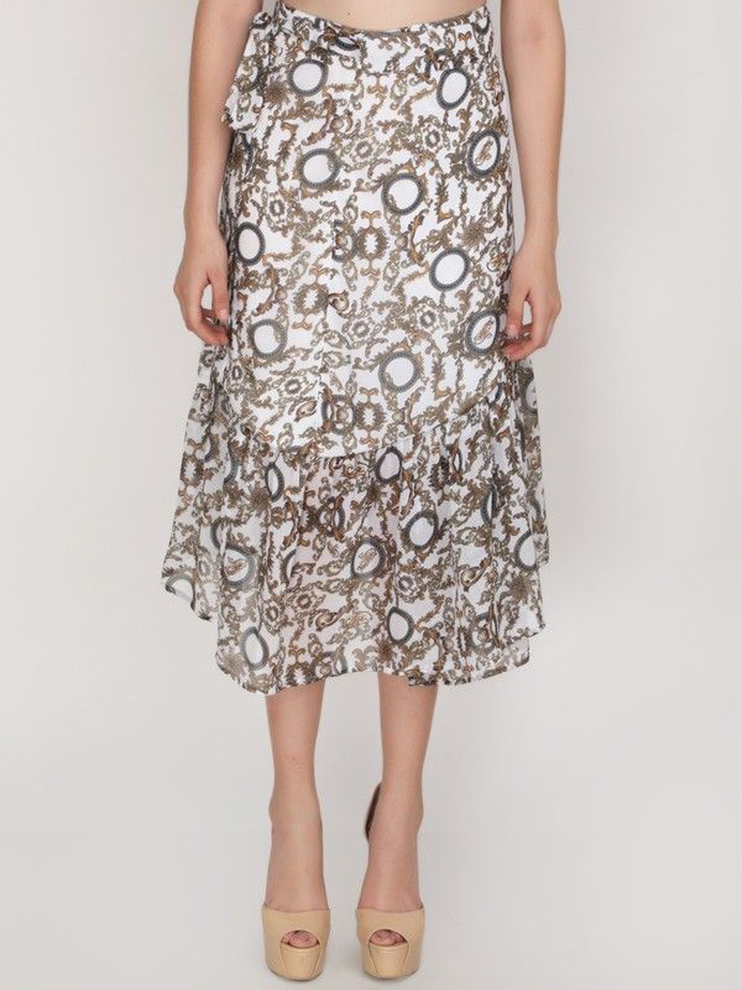 

JAKANARY Printed A- Line Midi Skirt, White