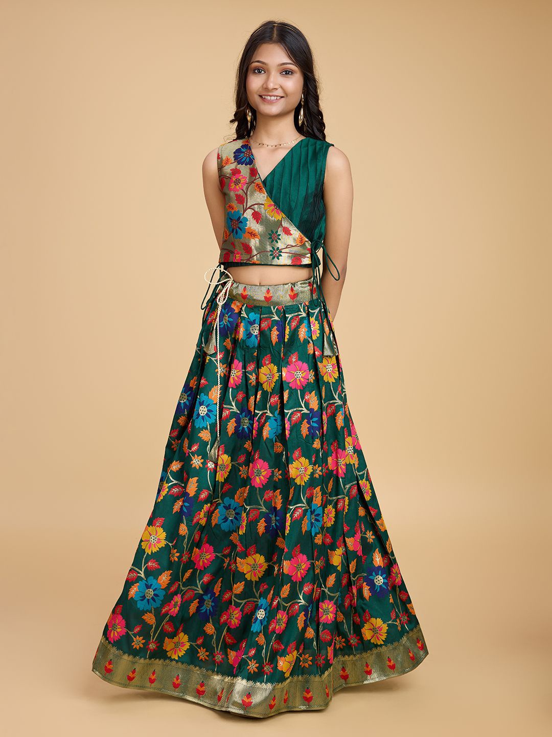 

Tasarika Girls Printed Ready to Wear Lehenga &, Green