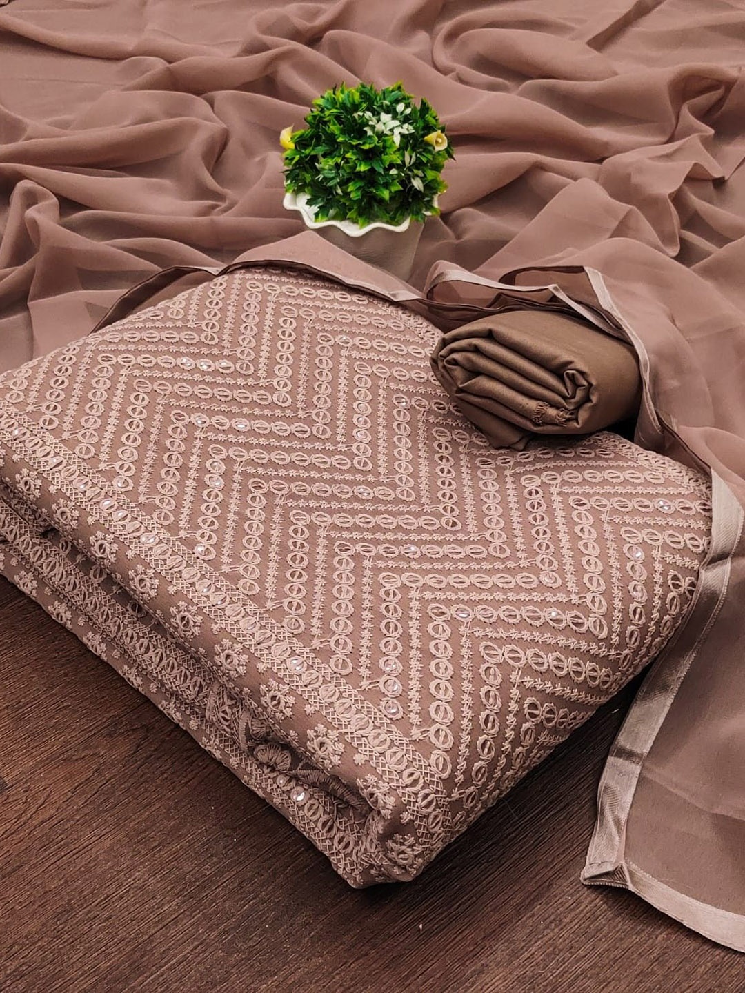 

ZEEPKART Silk Georgette Unstitched Dress Material, Brown