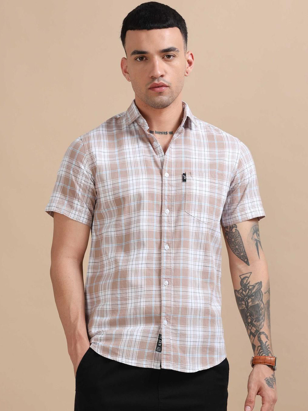 

HOUSE OF MAHNOTS Men Classic Opaque Checked Casual Shirt, Brown