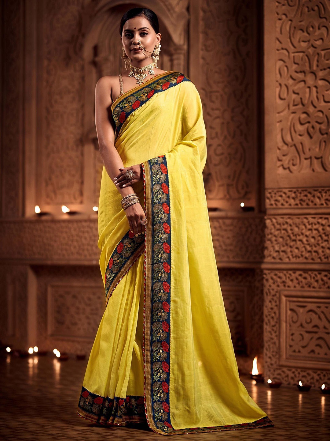 

House of Deepthi Floral Zari Silk Cotton Mangalagiri Saree, Yellow