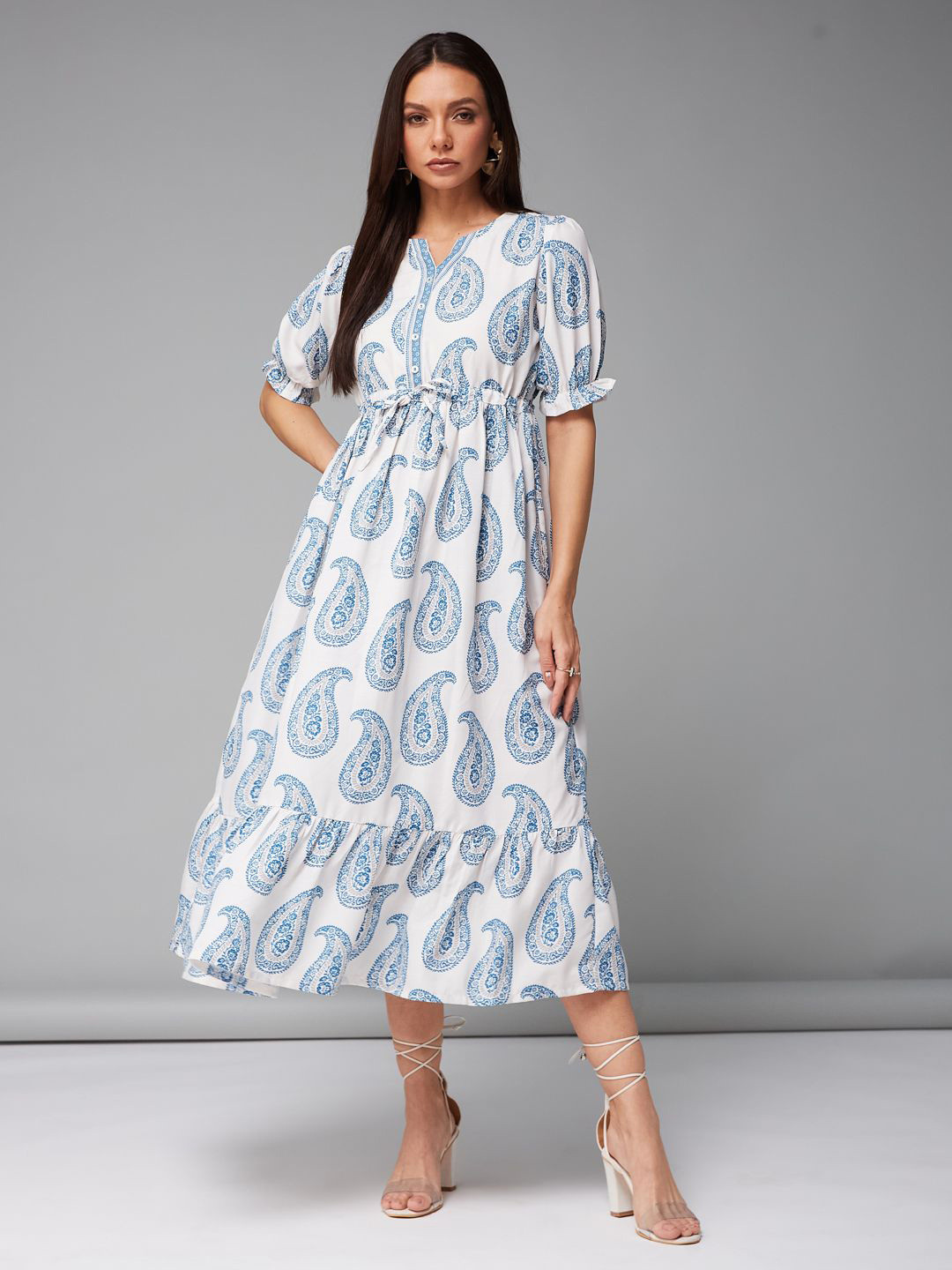 

COLORCART Women Ethnic Motifs Printed Gathered A-Line Midi Dress, White