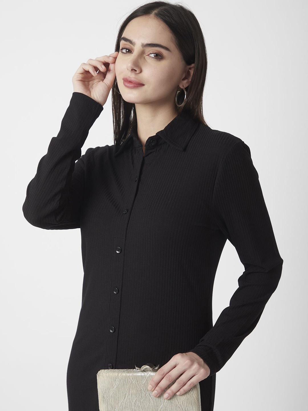 

R&B Women Cuffed Sleeves Shirt Dress, Black