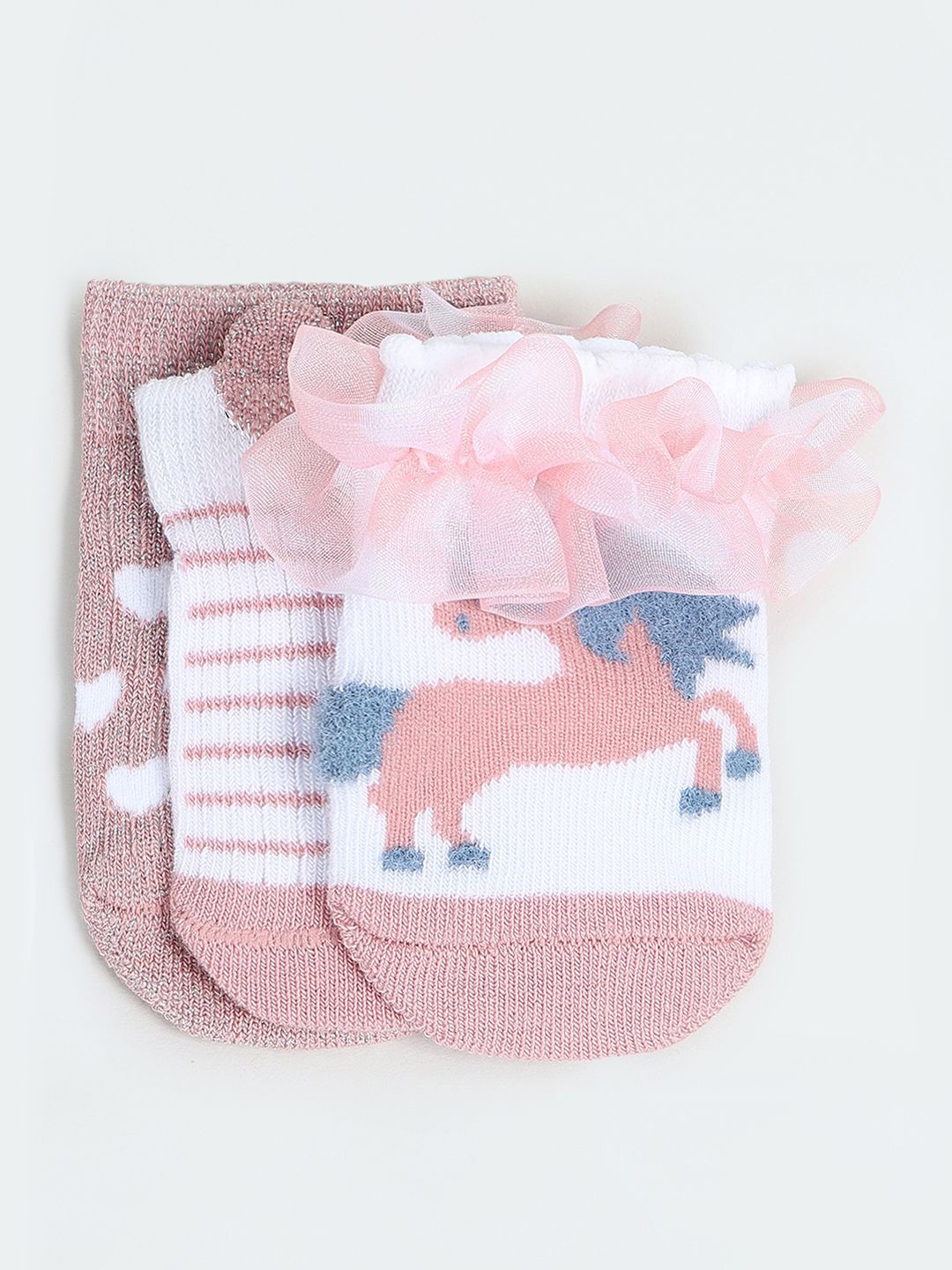 

max Infants Girls Pack Of 3 Patterned Ankle-Length Socks, White