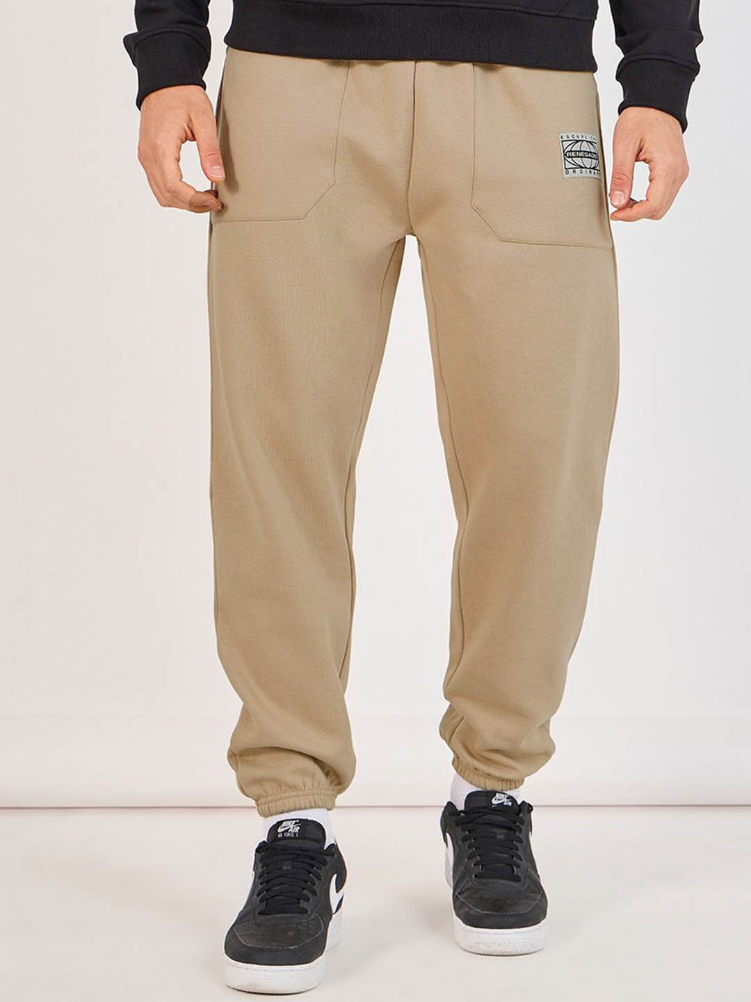 

Styli Men Oversized Fit Jogger with Patch Pockets and Badge, Beige